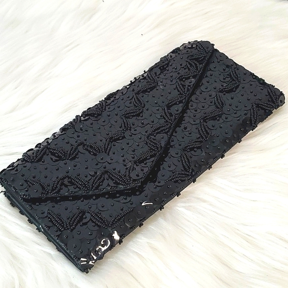 Vintage Full Sequin Beaded Black Flapper Style Clutch Wallet Gothic Hong Kong - Picture 4 of 14